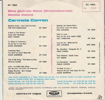 Carmela Corren - Eine Glutrote Rose + Donna Donna (Vinylsingle)