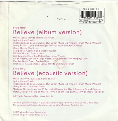 Lenny Kravitz - Believe + (acoustic version) (Vinylsingle)