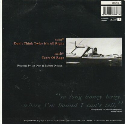 Barbara Dickson - Don't Think Twice It's All Right + Tears Of Rage (Vinylsingle)