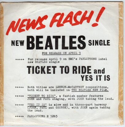 The Beatles - Ticket to ride + Yes it is (Vinylsingle)