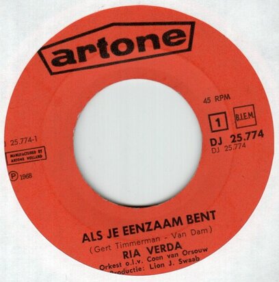 Ria Verda - Als Je Eenzaam Bent + Johnny, Laat Me Gaan (Vinylsingle)