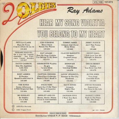 Ray Adams - Hear My Song Violetta + You Belong To My Heart (Vinylsingle)