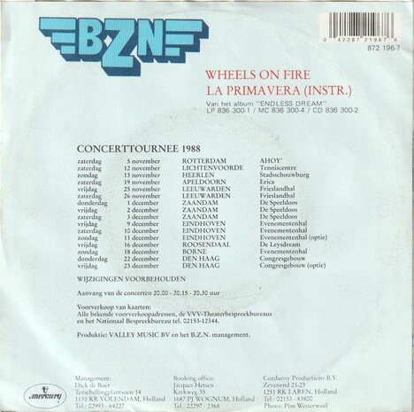 BZN - Wheels on fire + La primavera (instr.) (Vinylsingle)