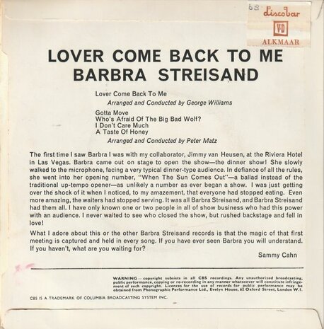 Barbra Streisand - Lover Come Backl To Me (EP) (Vinylsingle)