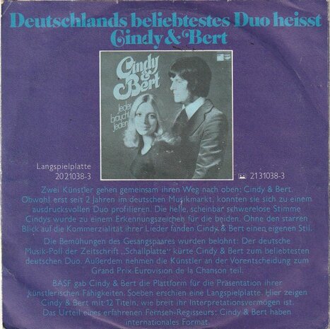 Cindy & Bert - Ich Hab' Heimweh Nach Dir + Sunny Sunshine (Vinylsingle)