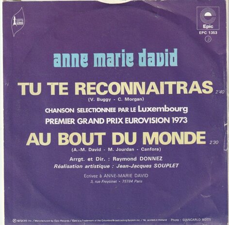 Anne Marie David - Tu te reconnaitras + Au bout du monde (Vinylsingle)