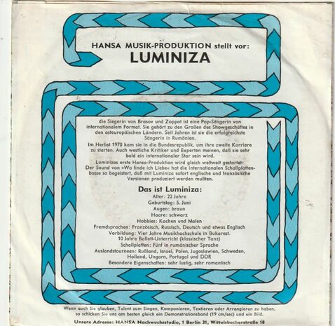 Luminiza - Wo Finde Ich Liebe? + Irgendwann (Vinylsingle)
