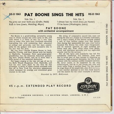 Pat Boone - Sings the Hits (EP) (Vinylsingle)