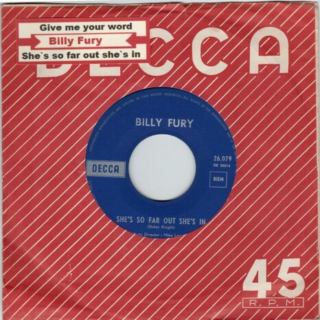 Billy Fury - Give Me Your Word + She's So Far Out She's In (Vinylsingle)