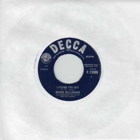 Bridie Gallagher - I Found You Out + It's A Sin To Tell A Lie (Vinylsingle)