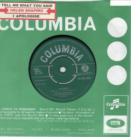 Helen Shapiro - I apologise + Tell me what he said (Vinylsingle)